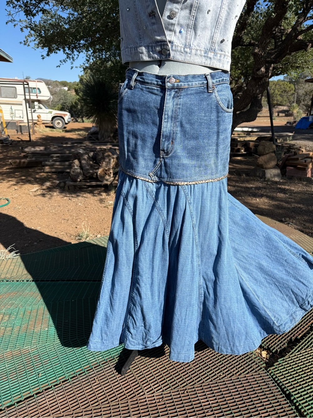 Denim Maxi Skirt in Light Blue with Flared Tiered Hem